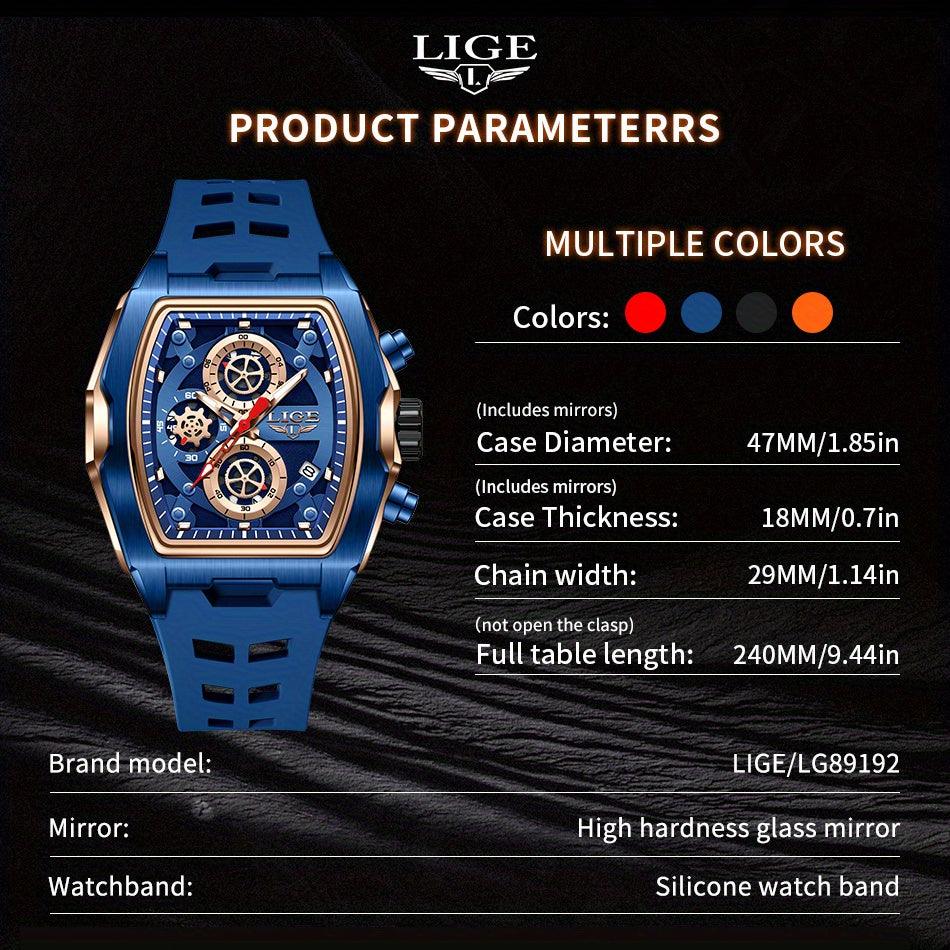 LIGE Men's Blue & Rose Golden Quartz Watch - Business Sports Chronograph with Luminous Hands, Calendar Feature, Silicone Strap, and Hexagonal Case Design