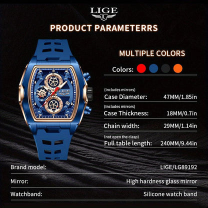 LIGE Men's Blue & Rose Golden Quartz Watch - Business Sports Chronograph with Luminous Hands, Calendar Feature, Silicone Strap, and Hexagonal Case Design