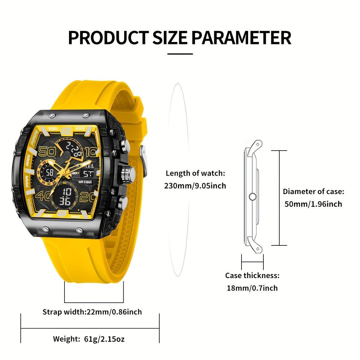 Smael8109 Men's Sports Electronic Watch - Yellow TPU Strap, Black Barrel-Shaped Case, Date/Time/Alarm Clock Functions, Stopwatch, Battery Operated, Casual Wristwatch|Sleek Watch|TPU Strap Watch, Watch Accessories