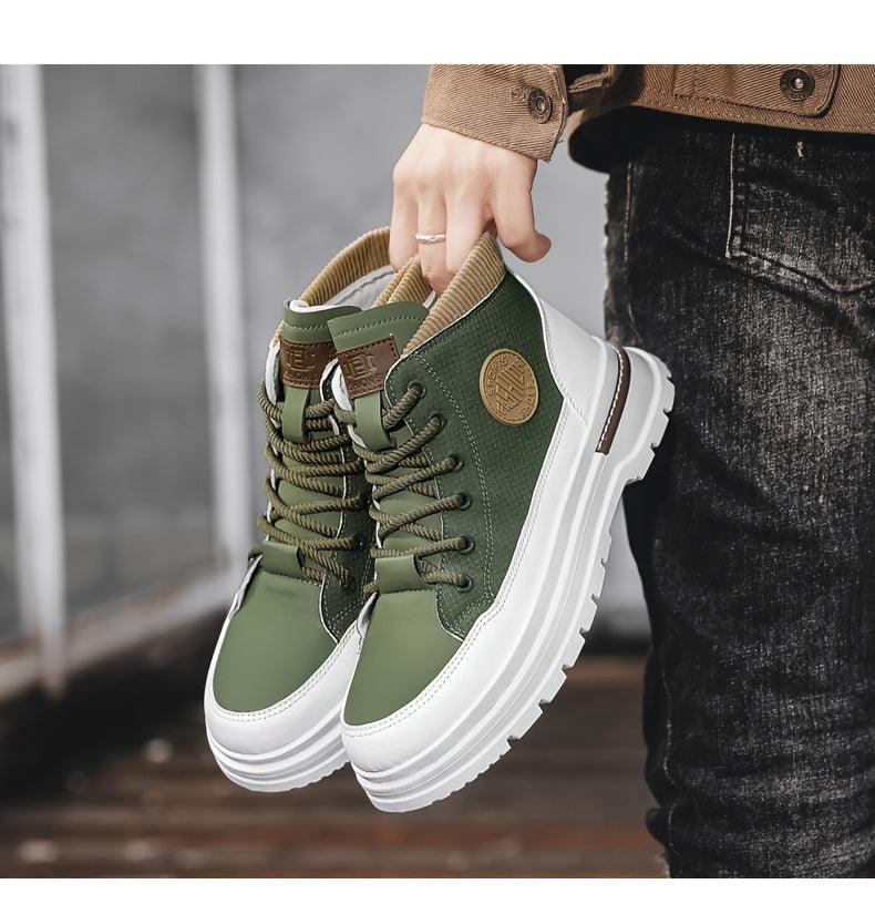 Men's Trendy High-Top Casual Sneakers - Olive Green & White Two-Tone Design, Lace-Up, Comfortable Fabric Lining, Durable PU Upper, Perfect for Casual Attire, Hiking Streetwear | Sporty Hightops | Textured Fabric Design