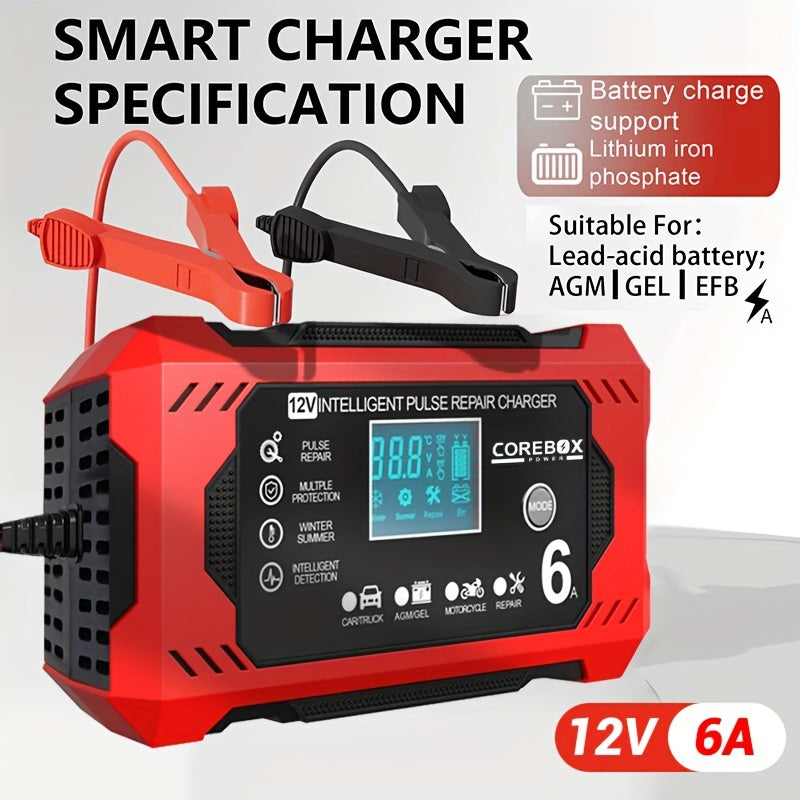 COREBOX 12V 6A Smart Battery Charger with LCD Display - Versatile Lead-Acid Trickle Charger for Cars, Trucks, Motorcycles, Lawn Mowers, and Marine Vehicles - Features Overcharge, Short Circuit, and Polarity Protection, Portab