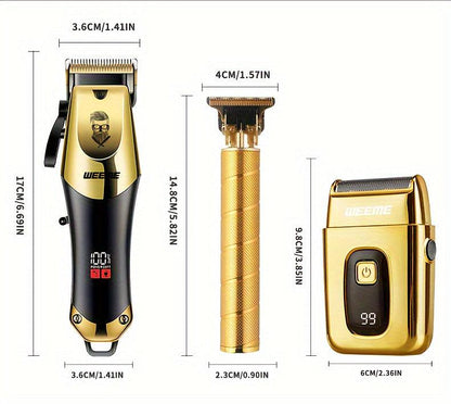 WEEME Golden Hair Cutting Three-Piece Set, Men'S Grooming Kit, Barber'S Haircutting Set, Valentine'S Day Gift Box. USB Rechargeable, LCD Display. Includes 1 Black And Golden Professional Hair Clipper + 1 Golden Men'S Razor +