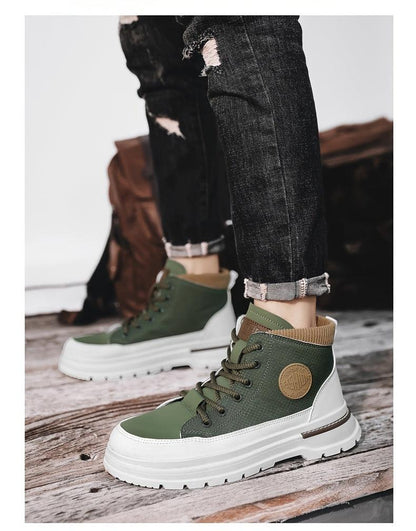 Men's Trendy High-Top Casual Sneakers - Olive Green & White Two-Tone Design, Lace-Up, Comfortable Fabric Lining, Durable PU Upper, Perfect for Casual Attire, Hiking Streetwear | Sporty Hightops | Textured Fabric Design