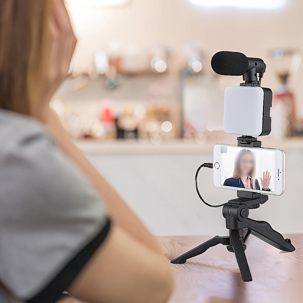 Battery-Powered LED Light Tripod Vlogging Kit - Smartphone Holder, Mini Shotgun Microphone for iPhone & Android, for Outdoor Live Streaming & Video Blogging - No Battery Included