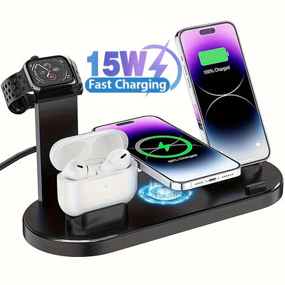 6-in-1 15W Wireless Charger for Fast Charging Is Suitable for IPhone/iWatch/AirPods, Which Can Charge 4 Phones and One Earphone Simultaneously. There Is A Stand with Watch Charging, Made of ABS, Suitable for Desktop Work, Lea