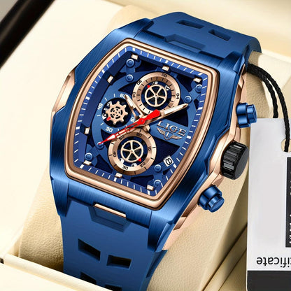 LIGE Men's Blue & Rose Golden Quartz Watch - Business Sports Chronograph with Luminous Hands, Calendar Feature, Silicone Strap, and Hexagonal Case Design