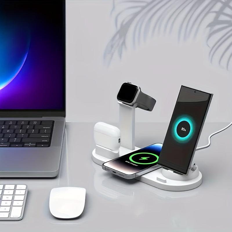 6-in-1 15W Wireless Charger for Fast Charging Is Suitable for IPhone/iWatch/AirPods, Which Can Charge 4 Phones and One Earphone Simultaneously. There Is A Stand with Watch Charging, Made of ABS, Suitable for Desktop Work, Lea