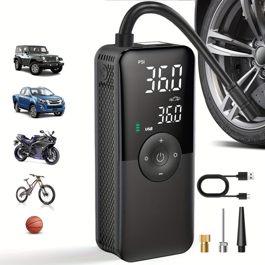 CARSUN Portable Air Compressor Pump for Cars, Motorcycles & Bicycles - USB Rechargeable Tire Inflator with Digital Display, 2600mAh Lithium Battery, 36V Max Voltage, Includes Accessories (Ball Pump, Tire Levers, Screwdriver)