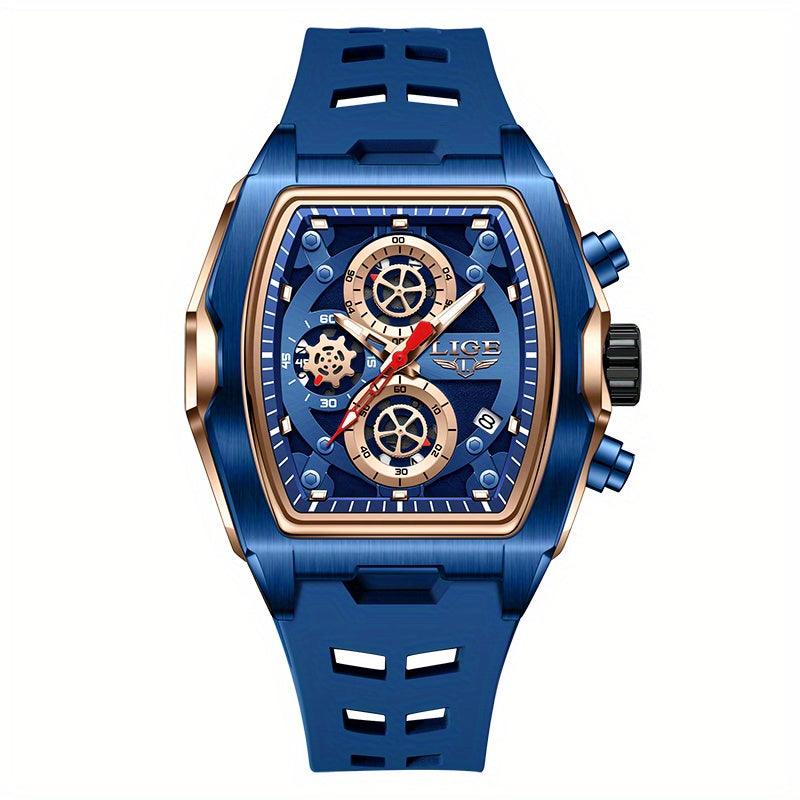 LIGE Men's Blue & Rose Golden Quartz Watch - Business Sports Chronograph with Luminous Hands, Calendar Feature, Silicone Strap, and Hexagonal Case Design