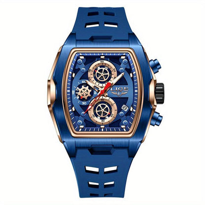 LIGE Men's Blue & Rose Golden Quartz Watch - Business Sports Chronograph with Luminous Hands, Calendar Feature, Silicone Strap, and Hexagonal Case Design