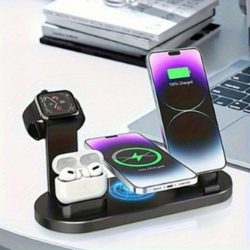 6-in-1 15W Wireless Charger for Fast Charging Is Suitable for IPhone/iWatch/AirPods, Which Can Charge 4 Phones and One Earphone Simultaneously. There Is A Stand with Watch Charging, Made of ABS, Suitable for Desktop Work, Lea