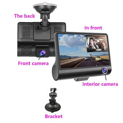 Dual Dash Cam Car Recorder with Front and Rear HD Night Vision, Built-in Interior Camera, Suction Mount, 720p Video, 30FPS, Push Button Control, 12-24V, Rechargeable Lithium Polymer Battery, Universal Driving Position, Compat