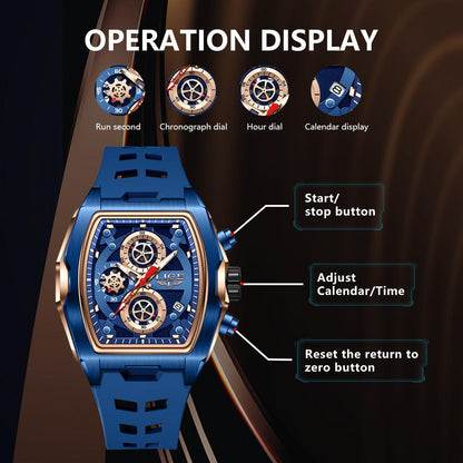 LIGE Men's Blue & Rose Golden Quartz Watch - Business Sports Chronograph with Luminous Hands, Calendar Feature, Silicone Strap, and Hexagonal Case Design