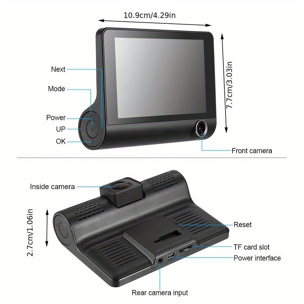 Dual Dash Cam Car Recorder with Front and Rear HD Night Vision, Built-in Interior Camera, Suction Mount, 720p Video, 30FPS, Push Button Control, 12-24V, Rechargeable Lithium Polymer Battery, Universal Driving Position, Compat