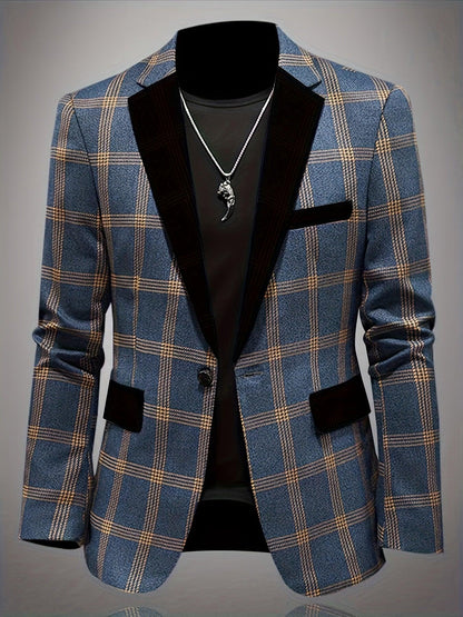 Casual Chic | Men's Stylish Casual Plaid Blazer - Light Blue and Beige, Polyester, Long Sleeve with Pockets, Machine Washable, Ideal for Spring/Fall, Autumn Jacket | Slim Fit Blazer | Structured Blazer Fit