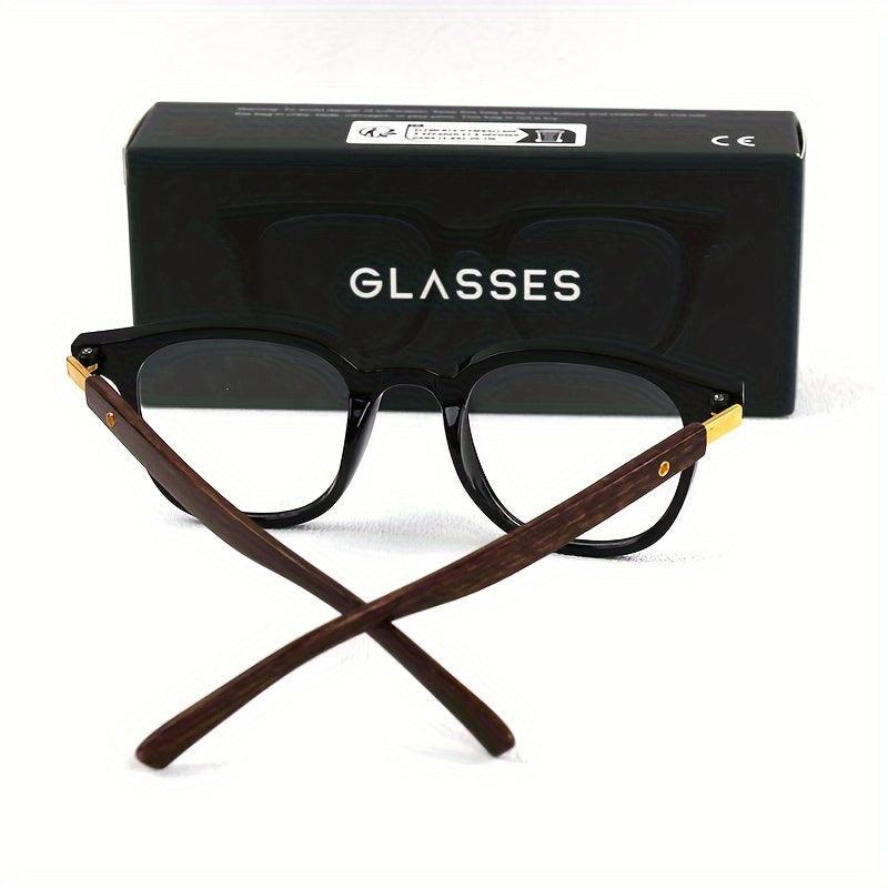 Retro Square Plano Glasses with Faux Wood Grain Temples - Blue Light Blocking, for School & Business, Includes Anti-Fog Cloth