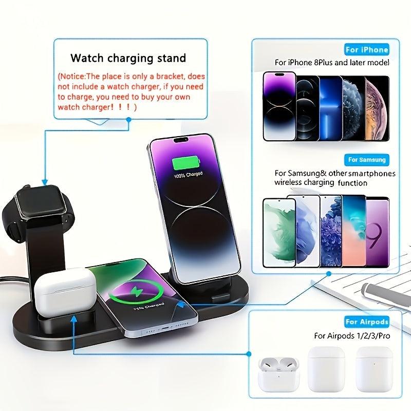 6-in-1 15W Wireless Charger for Fast Charging Is Suitable for IPhone/iWatch/AirPods, Which Can Charge 4 Phones and One Earphone Simultaneously. There Is A Stand with Watch Charging, Made of ABS, Suitable for Desktop Work, Lea