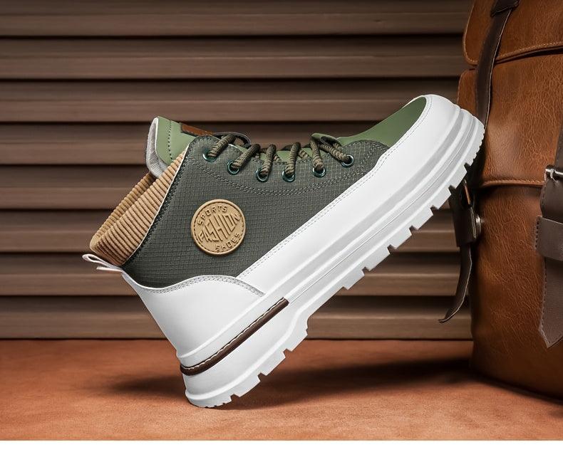 Men's Trendy High-Top Casual Sneakers - Olive Green & White Two-Tone Design, Lace-Up, Comfortable Fabric Lining, Durable PU Upper, Perfect for Casual Attire, Hiking Streetwear | Sporty Hightops | Textured Fabric Design