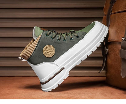 Men's Trendy High-Top Casual Sneakers - Olive Green & White Two-Tone Design, Lace-Up, Comfortable Fabric Lining, Durable PU Upper, Perfect for Casual Attire, Hiking Streetwear | Sporty Hightops | Textured Fabric Design