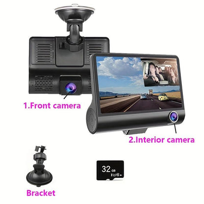 Dual Dash Cam Car Recorder with Front and Rear HD Night Vision, Built-in Interior Camera, Suction Mount, 720p Video, 30FPS, Push Button Control, 12-24V, Rechargeable Lithium Polymer Battery, Universal Driving Position, Compat