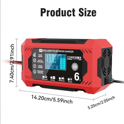 COREBOX 12V 6A Smart Battery Charger with LCD Display - Versatile Lead-Acid Trickle Charger for Cars, Trucks, Motorcycles, Lawn Mowers, and Marine Vehicles - Features Overcharge, Short Circuit, and Polarity Protection, Portab