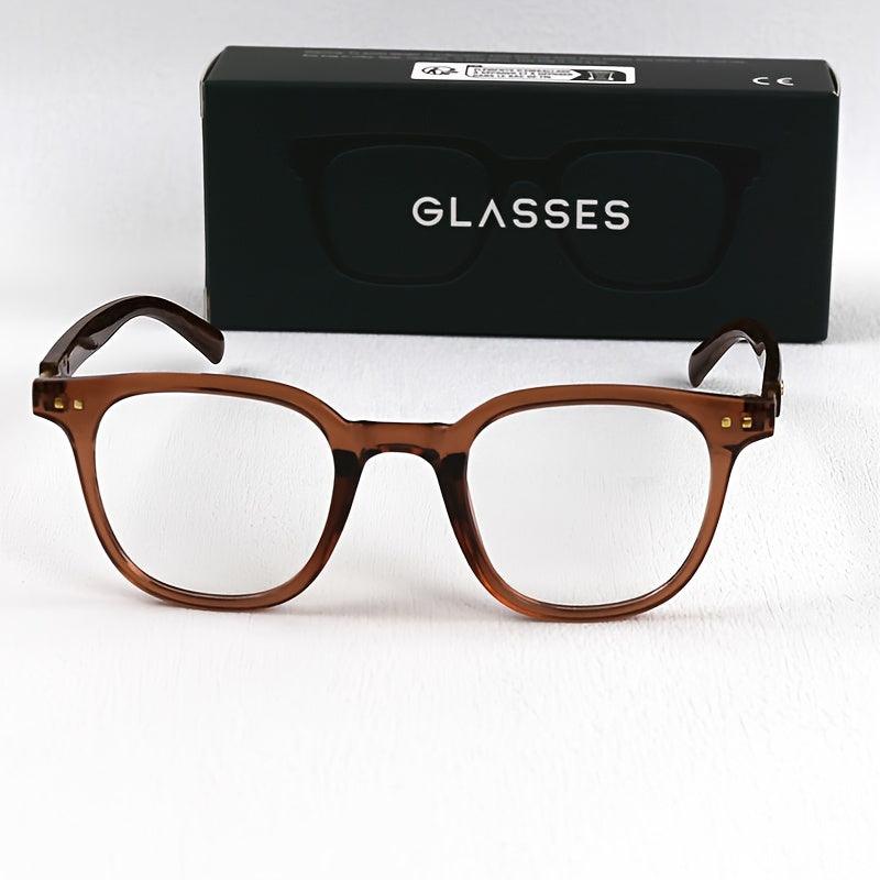 Retro Square Plano Glasses with Faux Wood Grain Temples - Blue Light Blocking, for School & Business, Includes Anti-Fog Cloth