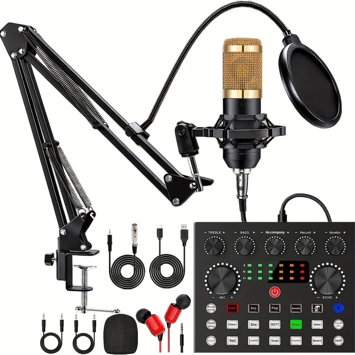 USB/Battery Powered BM800 Condenser Microphone 1pc, V8s Audio Interface with All-in-One Live Sound Card, 3.5mm Jack Connector, Volume Control, Rechargeable Lithium Battery, PP Material, for Recording, Broadcasting, Live Strea