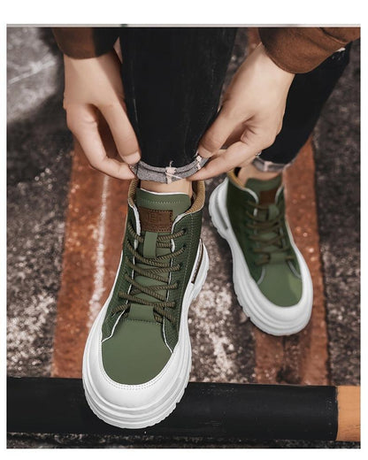 Men's Trendy High-Top Casual Sneakers - Olive Green & White Two-Tone Design, Lace-Up, Comfortable Fabric Lining, Durable PU Upper, Perfect for Casual Attire, Hiking Streetwear | Sporty Hightops | Textured Fabric Design