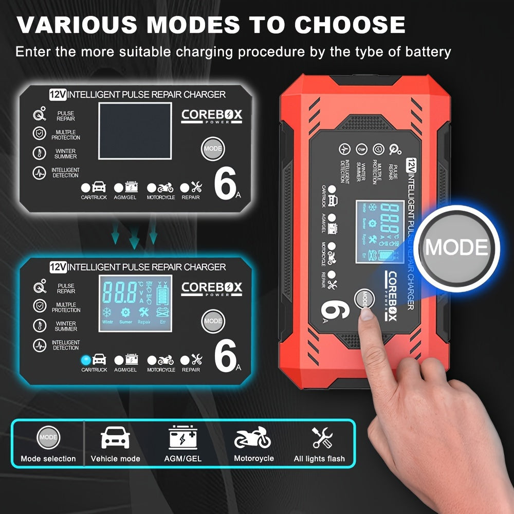 COREBOX 12V 6A Smart Battery Charger with LCD Display - Versatile Lead-Acid Trickle Charger for Cars, Trucks, Motorcycles, Lawn Mowers, and Marine Vehicles - Features Overcharge, Short Circuit, and Polarity Protection, Portab