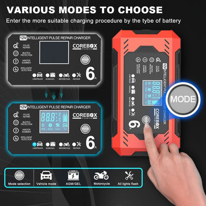 COREBOX 12V 6A Smart Battery Charger with LCD Display - Versatile Lead-Acid Trickle Charger for Cars, Trucks, Motorcycles, Lawn Mowers, and Marine Vehicles - Features Overcharge, Short Circuit, and Polarity Protection, Portab