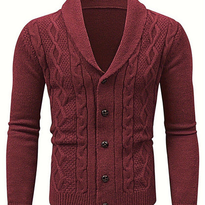 Men'S Casual Long Sleeve Cardigan Sweater with Button Detail, Polyester 100%, Knit Fabric, Solid Color, Regular Fit, Lapel Collar, Medium Stretch, for Fall/Winter - Genghis Khan Collection