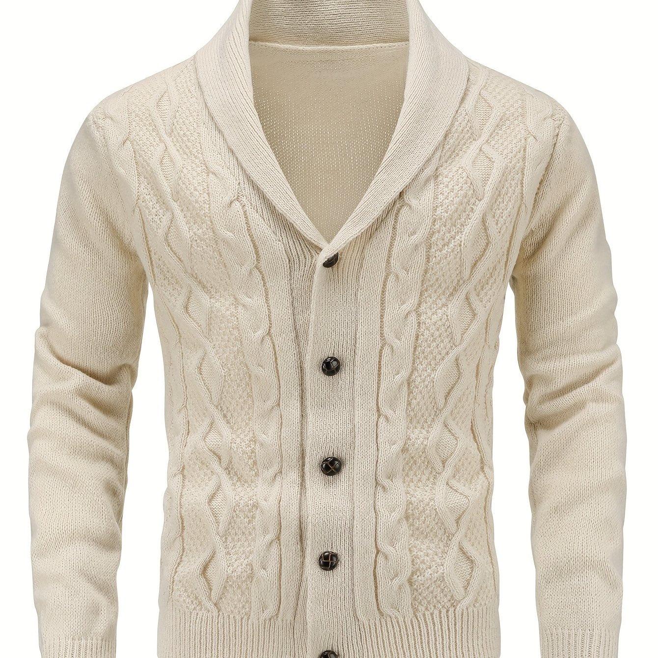 Men'S Casual Long Sleeve Cardigan Sweater with Button Detail, Polyester 100%, Knit Fabric, Solid Color, Regular Fit, Lapel Collar, Medium Stretch, for Fall/Winter - Genghis Khan Collection