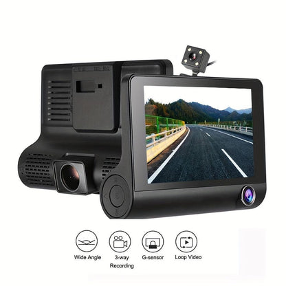 Dual Dash Cam Car Recorder with Front and Rear HD Night Vision, Built-in Interior Camera, Suction Mount, 720p Video, 30FPS, Push Button Control, 12-24V, Rechargeable Lithium Polymer Battery, Universal Driving Position, Compat