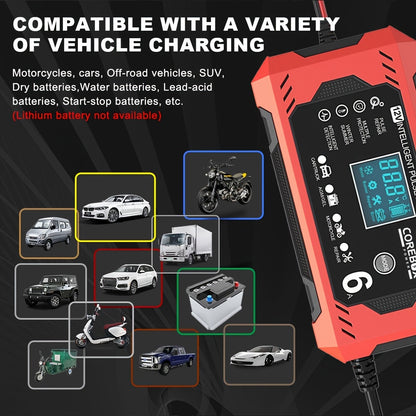 COREBOX 12V 6A Smart Battery Charger with LCD Display - Versatile Lead-Acid Trickle Charger for Cars, Trucks, Motorcycles, Lawn Mowers, and Marine Vehicles - Features Overcharge, Short Circuit, and Polarity Protection, Portab