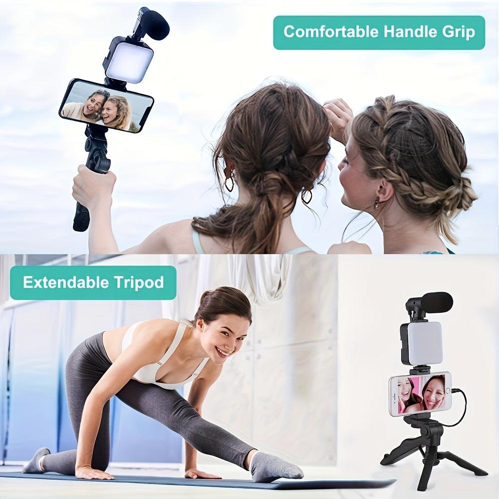 Battery-Powered LED Light Tripod Vlogging Kit - Smartphone Holder, Mini Shotgun Microphone for iPhone & Android, for Outdoor Live Streaming & Video Blogging - No Battery Included