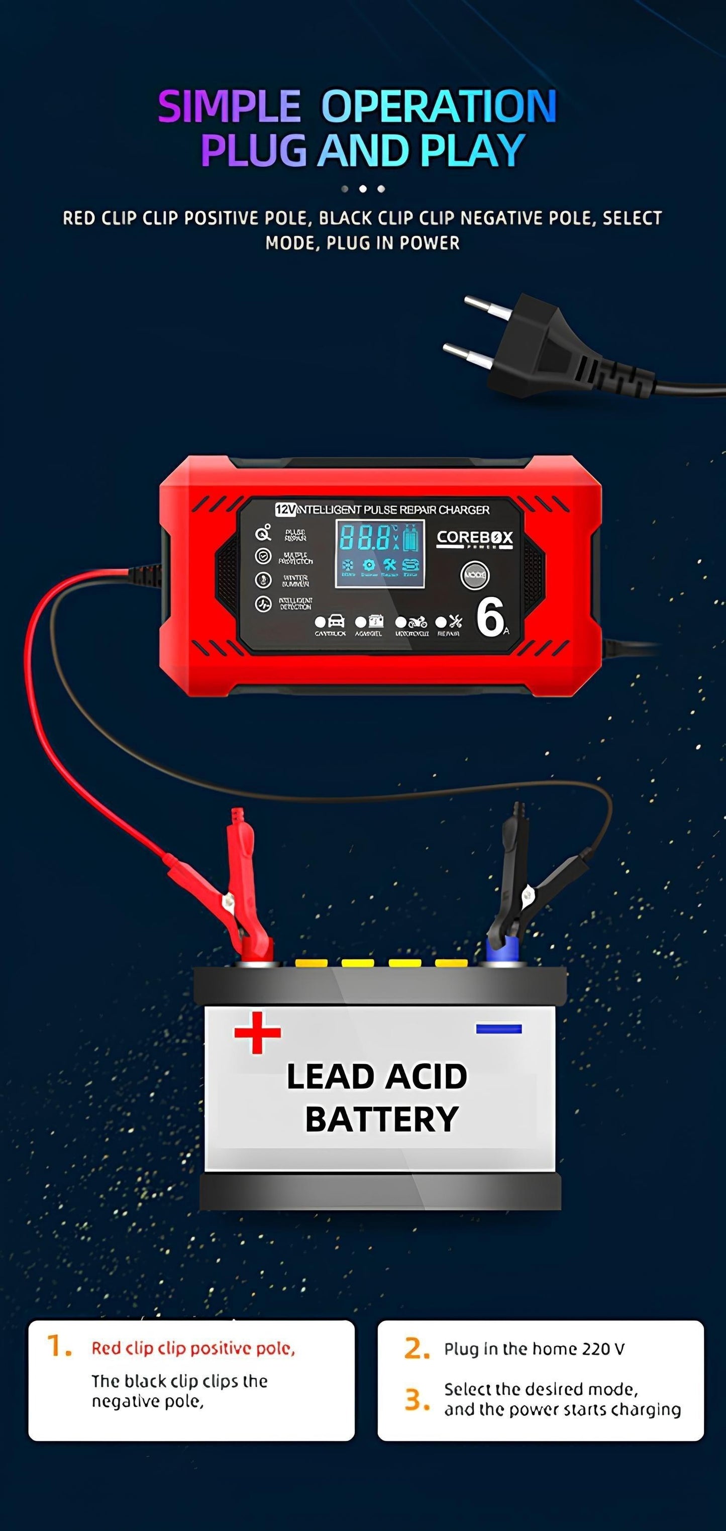 COREBOX 12V 6A Smart Battery Charger with LCD Display - Versatile Lead-Acid Trickle Charger for Cars, Trucks, Motorcycles, Lawn Mowers, and Marine Vehicles - Features Overcharge, Short Circuit, and Polarity Protection, Portab