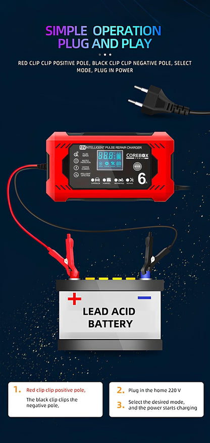 COREBOX 12V 6A Smart Battery Charger with LCD Display - Versatile Lead-Acid Trickle Charger for Cars, Trucks, Motorcycles, Lawn Mowers, and Marine Vehicles - Features Overcharge, Short Circuit, and Polarity Protection, Portab