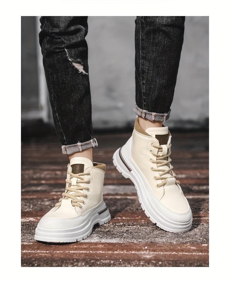 Men's Trendy High-Top Casual Sneakers - Olive Green & White Two-Tone Design, Lace-Up, Comfortable Fabric Lining, Durable PU Upper, Perfect for Casual Attire, Hiking Streetwear | Sporty Hightops | Textured Fabric Design