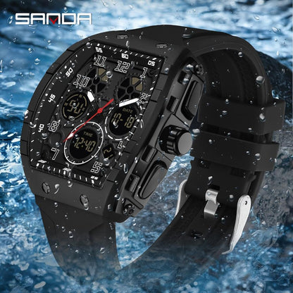 SANDA Brand Luxury Men's Fashion Casual Sports Watches Waterproof Square Dual Display Men's Watches Clock