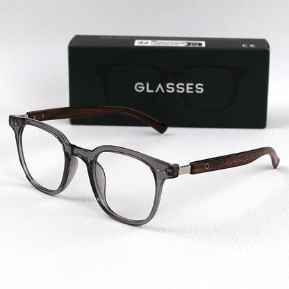 Retro Square Plano Glasses with Faux Wood Grain Temples - Blue Light Blocking, for School & Business, Includes Anti-Fog Cloth