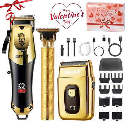 WEEME Golden Hair Cutting Three-Piece Set, Men'S Grooming Kit, Barber'S Haircutting Set, Valentine'S Day Gift Box. USB Rechargeable, LCD Display. Includes 1 Black And Golden Professional Hair Clipper + 1 Golden Men'S Razor +