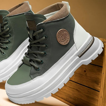 Men's Trendy High-Top Casual Sneakers - Olive Green & White Two-Tone Design, Lace-Up, Comfortable Fabric Lining, Durable PU Upper, Perfect for Casual Attire, Hiking Streetwear | Sporty Hightops | Textured Fabric Design