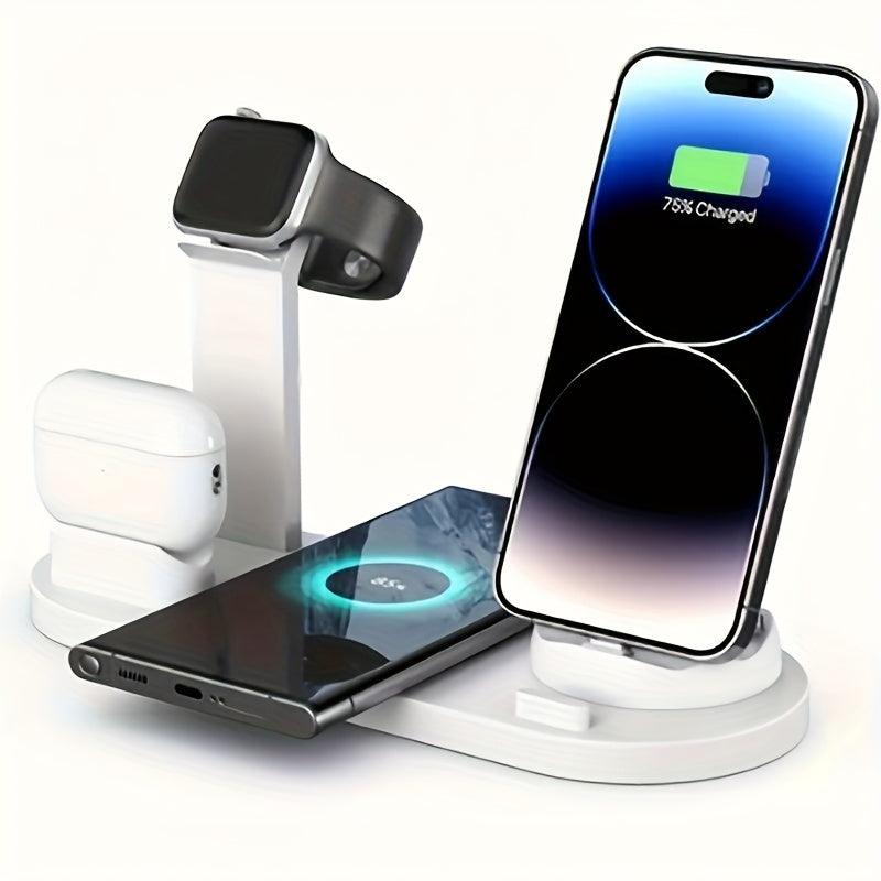 6-in-1 15W Wireless Charger for Fast Charging Is Suitable for IPhone/iWatch/AirPods, Which Can Charge 4 Phones and One Earphone Simultaneously. There Is A Stand with Watch Charging, Made of ABS, Suitable for Desktop Work, Lea