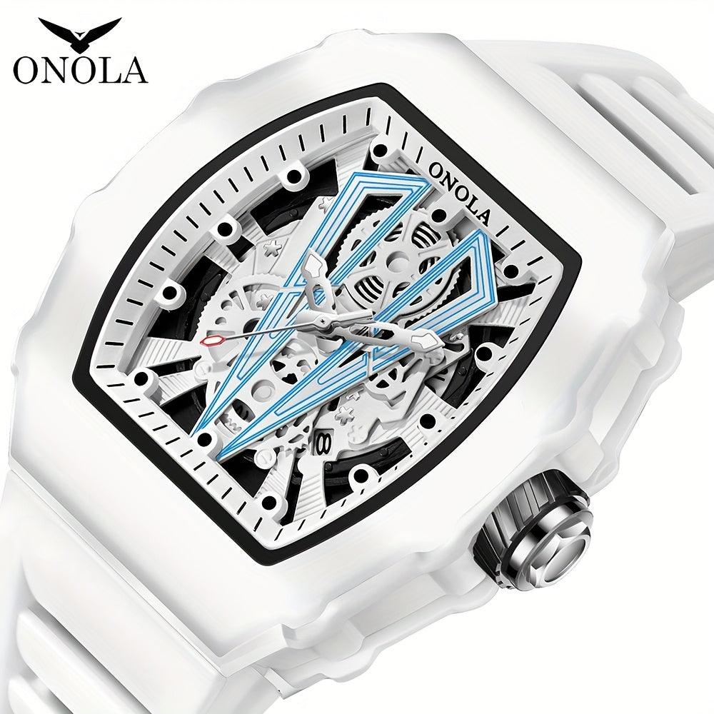 ONOLA Men's Stylish Wine Barrel Quartz Watch with Luminous Hands & Calendar – Durable Silicone Strap, Transparent Back, White Dial, Perfect for Parties, Gifts, and Casual Attire, ONOLA