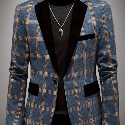 Casual Chic | Men's Stylish Casual Plaid Blazer - Light Blue and Beige, Polyester, Long Sleeve with Pockets, Machine Washable, Ideal for Spring/Fall, Autumn Jacket | Slim Fit Blazer | Structured Blazer Fit