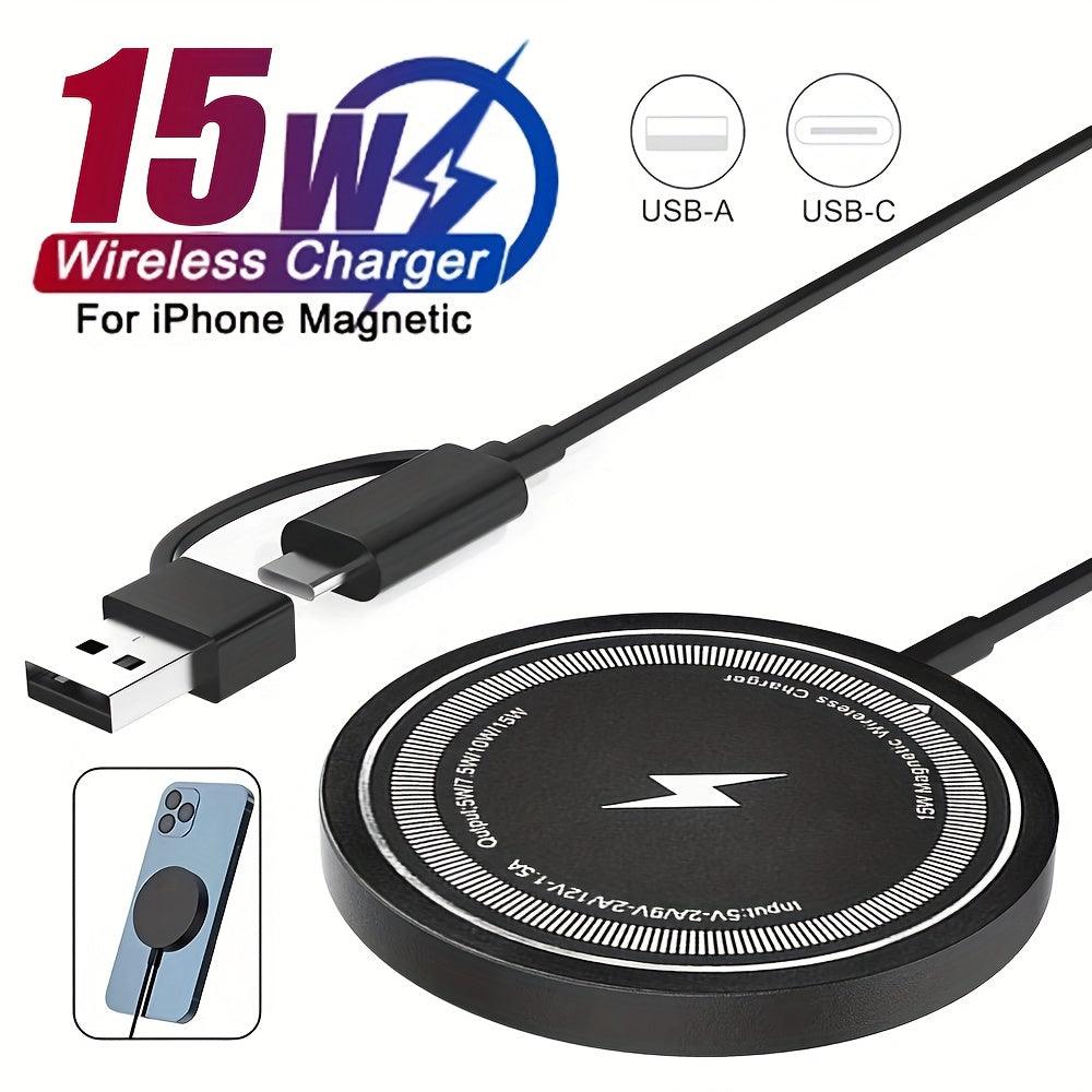 Magnetic Wireless Charger Pad 15W Fast-Charging - MagSafe Compatible, Dual Input USB-C/A, Intelligent Overcharge Protection - for iPhone 16/15/14/13/12/11, Pro Max/Mini & Airpods, Sleek Black Design