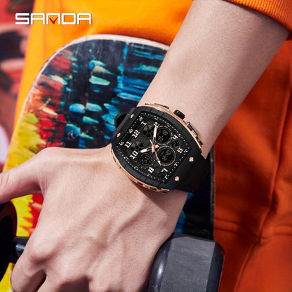 SANDA Brand Luxury Men's Fashion Casual Sports Watches Waterproof Square Dual Display Men's Watches Clock