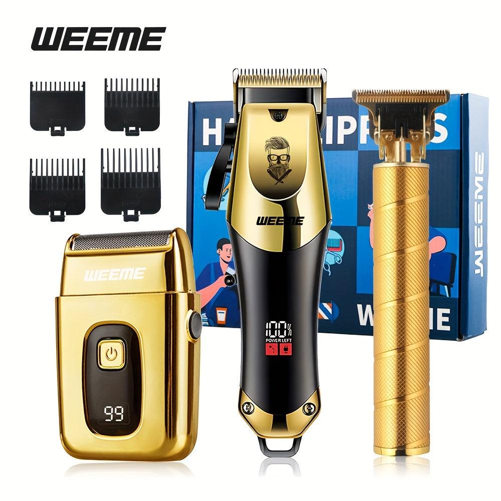 WEEME Golden Hair Cutting Three-Piece Set, Men'S Grooming Kit, Barber'S Haircutting Set, Valentine'S Day Gift Box. USB Rechargeable, LCD Display. Includes 1 Black And Golden Professional Hair Clipper + 1 Golden Men'S Razor +