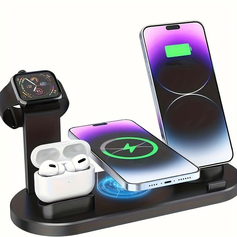 6-in-1 15W Wireless Charger for Fast Charging Is Suitable for IPhone/iWatch/AirPods, Which Can Charge 4 Phones and One Earphone Simultaneously. There Is A Stand with Watch Charging, Made of ABS, Suitable for Desktop Work, Lea