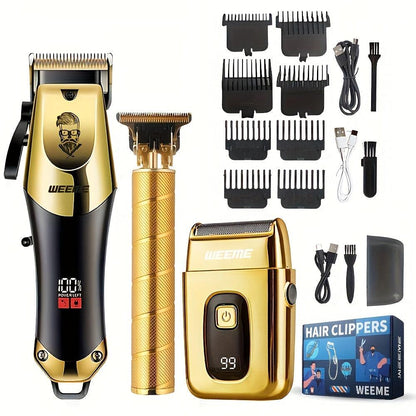 WEEME Golden Hair Cutting Three-Piece Set, Men'S Grooming Kit, Barber'S Haircutting Set, Valentine'S Day Gift Box. USB Rechargeable, LCD Display. Includes 1 Black And Golden Professional Hair Clipper + 1 Golden Men'S Razor +